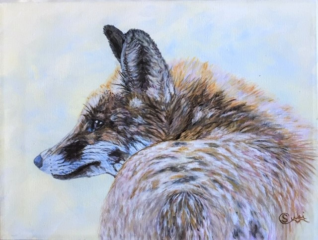 A painting of a Fox in snow, titled Vigilant Fox, acrylic painting by Susie Caron