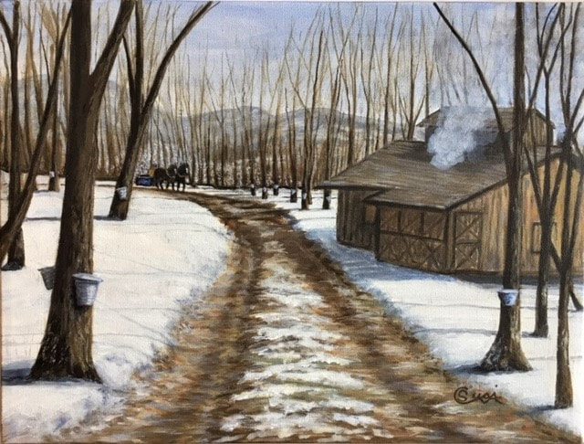 PAINTING OF A MAPLE SUGAR SHACK BY SUSIE CARON