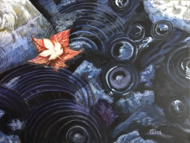 Maple Rain, 12 x 16 acrylic painting, by Susie Caron. Honorable Mention award in the Sappy Art Show, VFS, St. Albans, VT. 2021