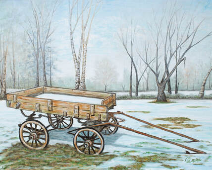 Vintage Wagon, 12x16 acrylic painting by Susie Caron. 2nd Place Winner in Acrylics in the NVAA 90th anniversary art show, Visions of VT Art Gallery, Jeffersonville VT.