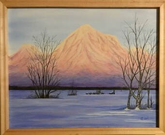 Framed Acrylic Painting of a Mountain & dogsled team out for an early morning run.